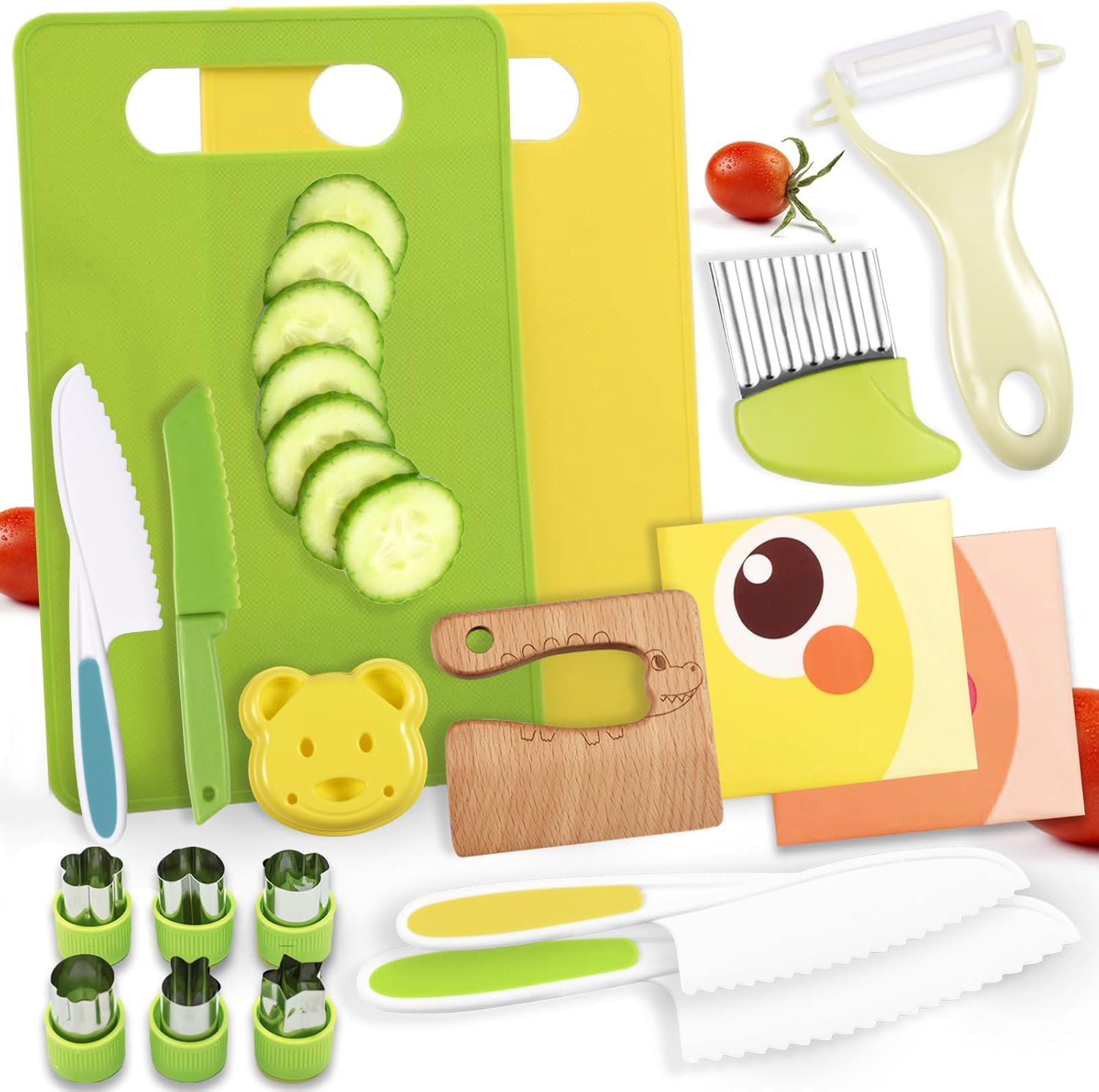 Complete Montessori baking set for kids with knives, boards, and aprons