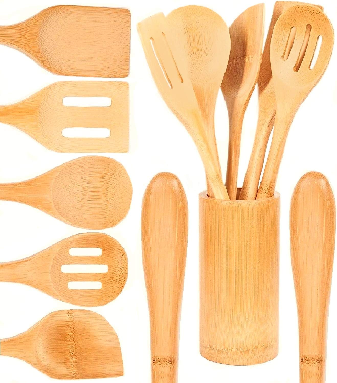 Bamboo cooking utensils in a ceramic holder on a kitchen counter