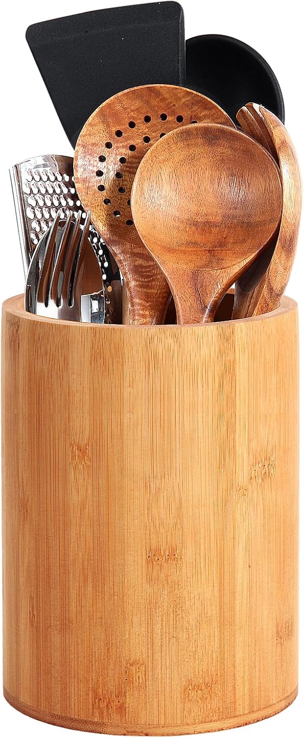 Slotted bamboo cylinder utensil holder for kitchen counter