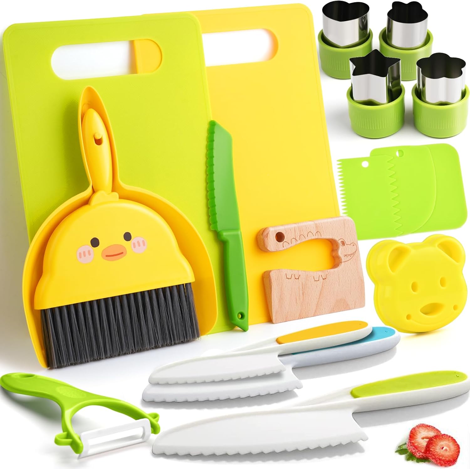 18-piece Montessori kids cooking set with crinkle cutters, boards, knives, and apron