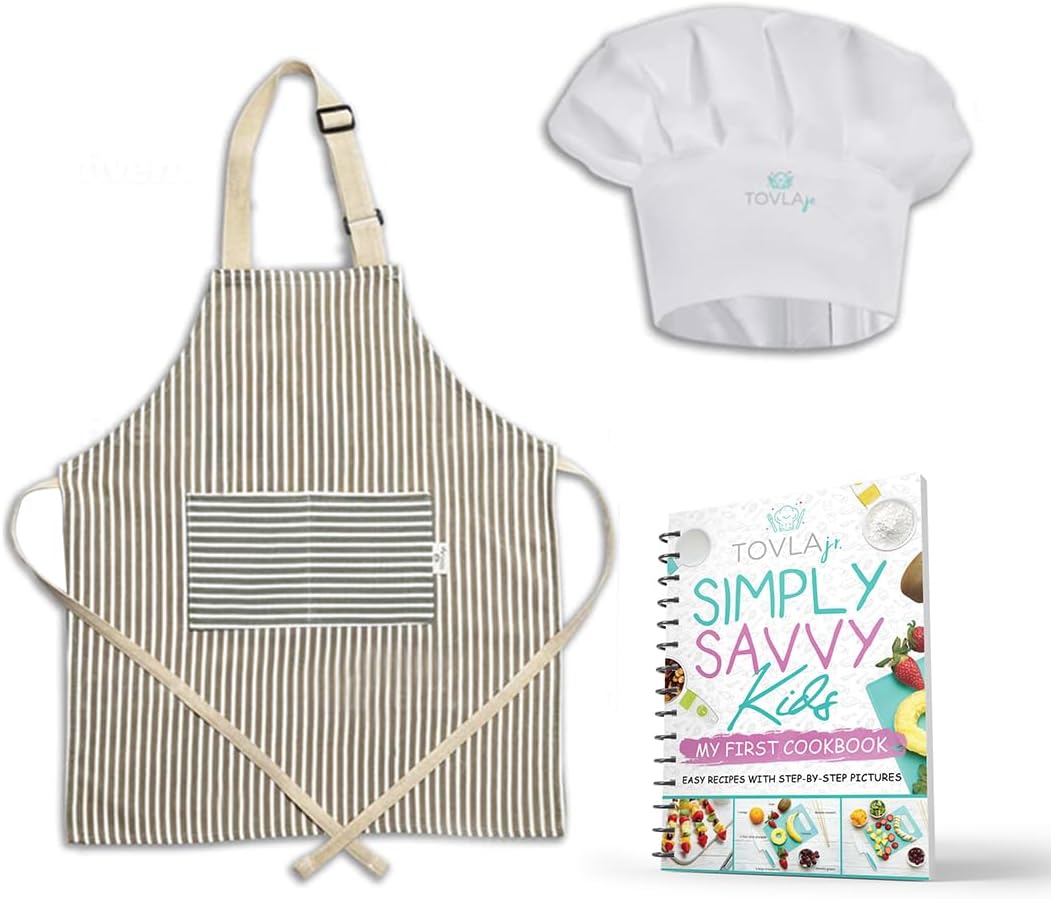 TOVLA JR kids chef apron with hat and Simply Savvy Kids cookbook