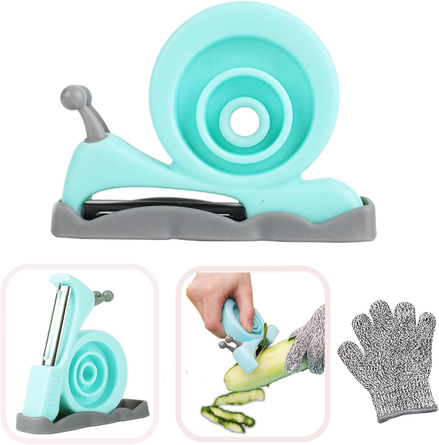 Snail-shaped kids vegetable peeler in turquoise with cut-proof safety glove