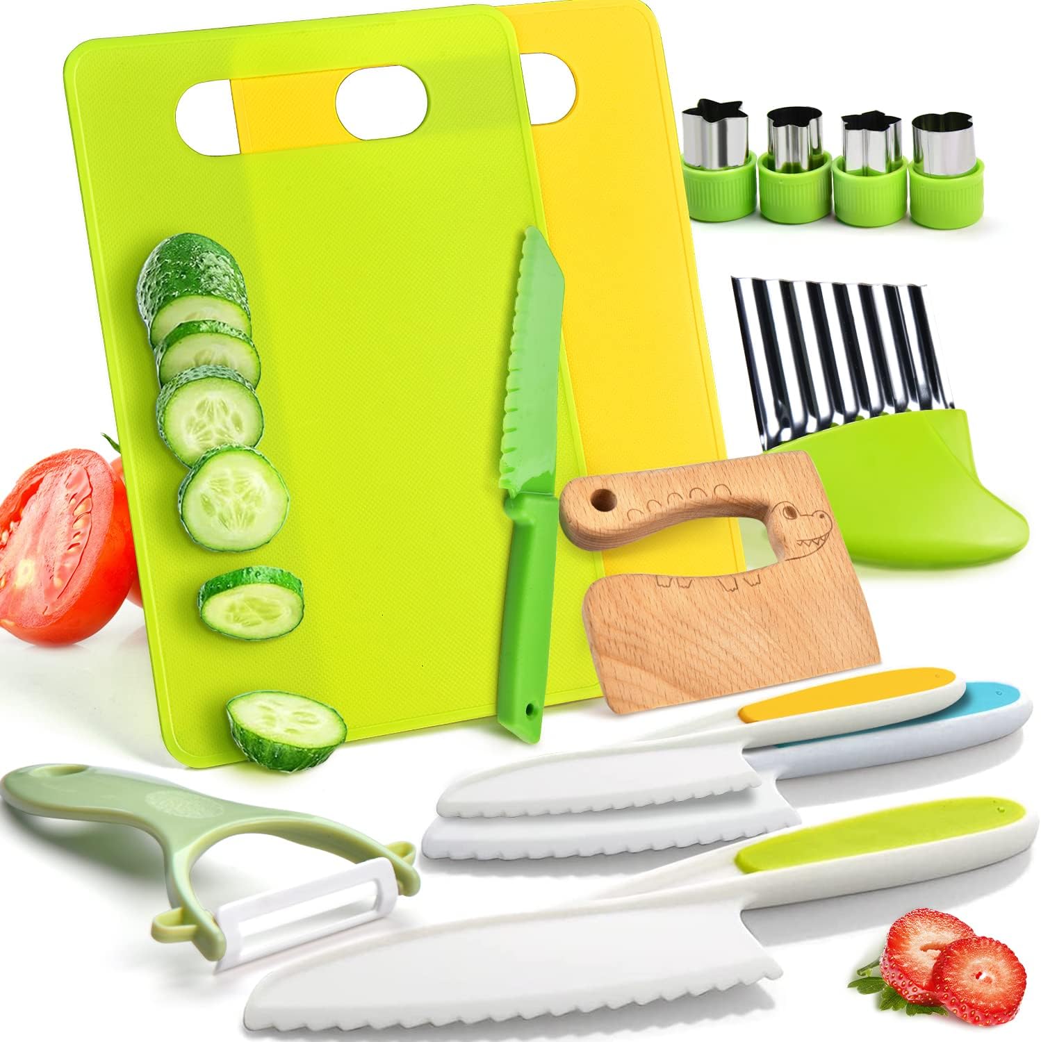 13-piece toddler safe knife set with cutting boards, crinkle cutter, and nylon knives