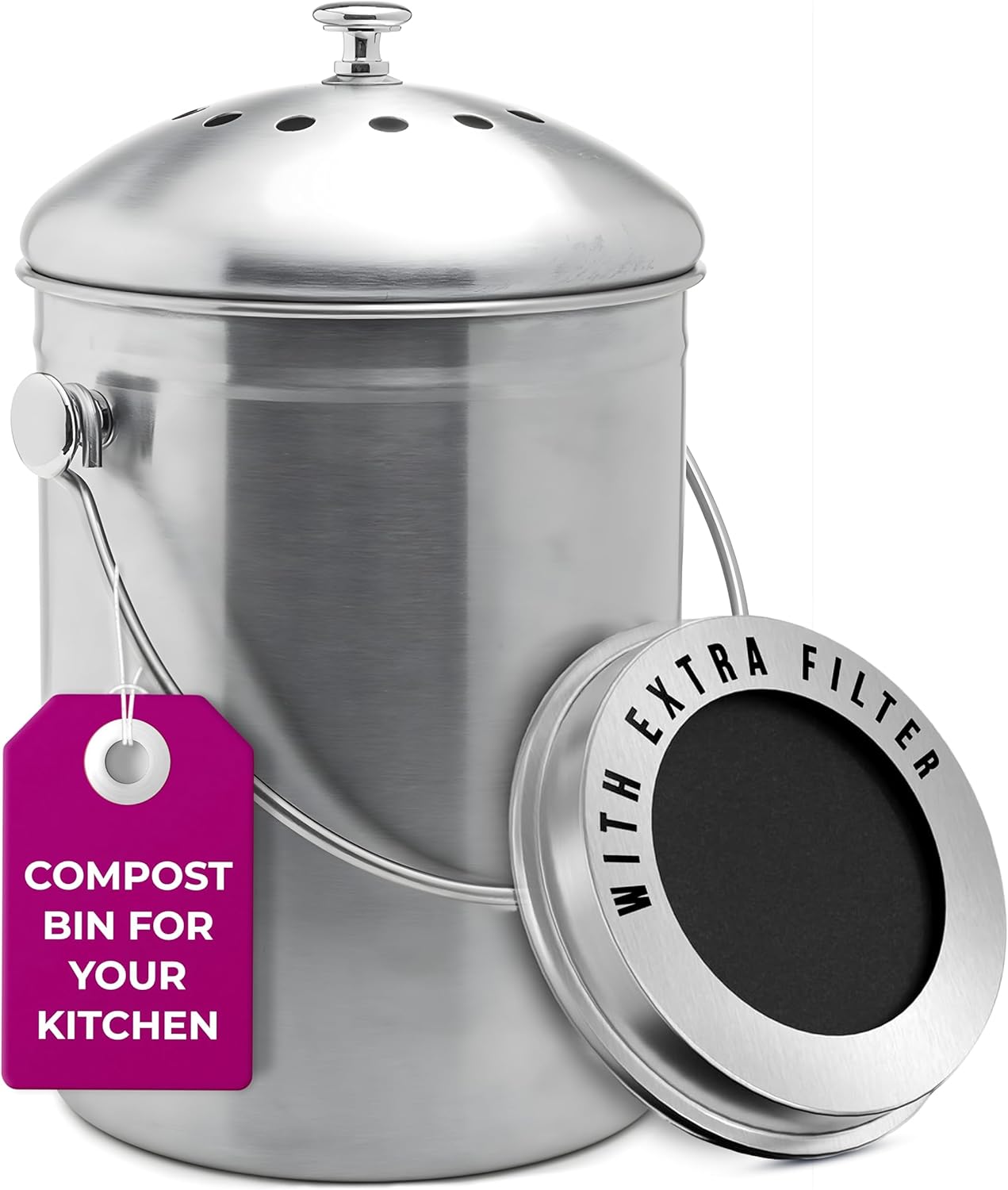 Stainless steel countertop compost bin on kitchen counter