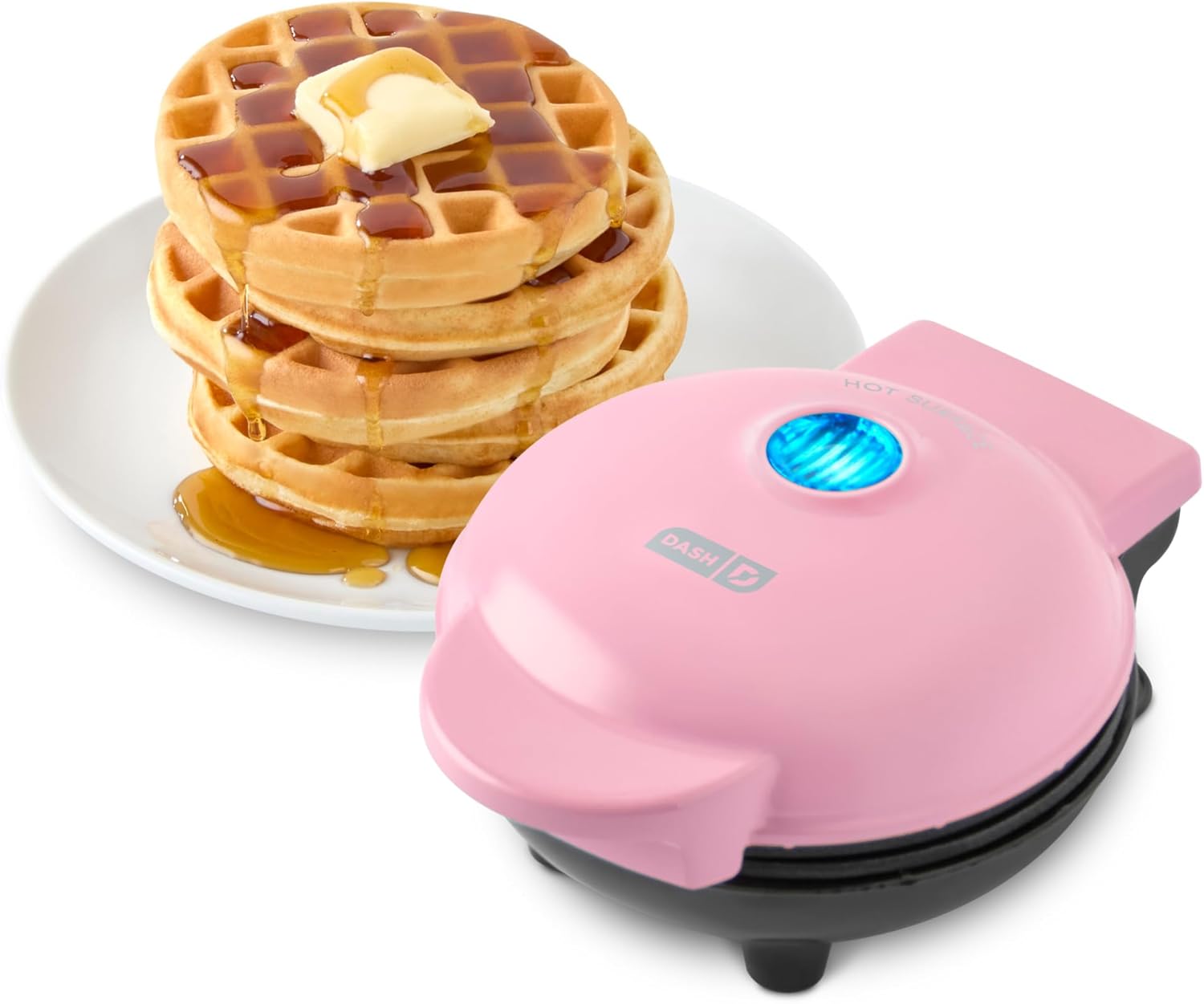 DASH mini waffle maker with golden waffle on kitchen counter