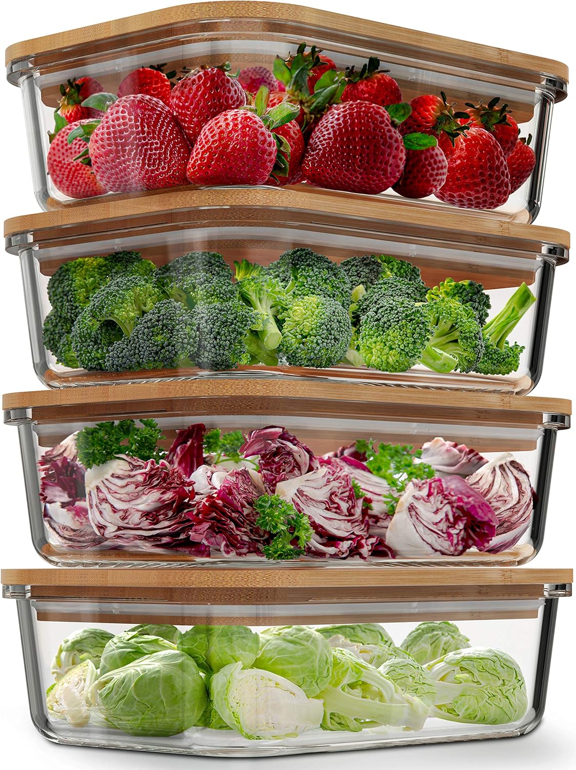 Glass food storage containers with bamboo lids stacked in a pantry