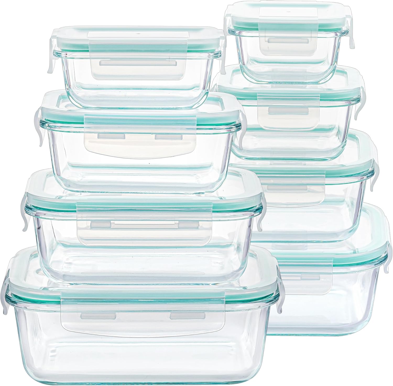 Glass food storage containers with colorful lids stacked in a fridge