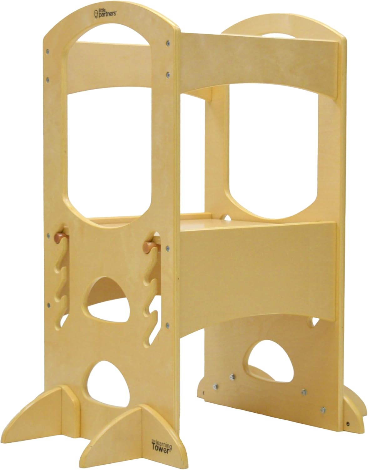 Wooden learning tower for toddlers at kitchen counter height