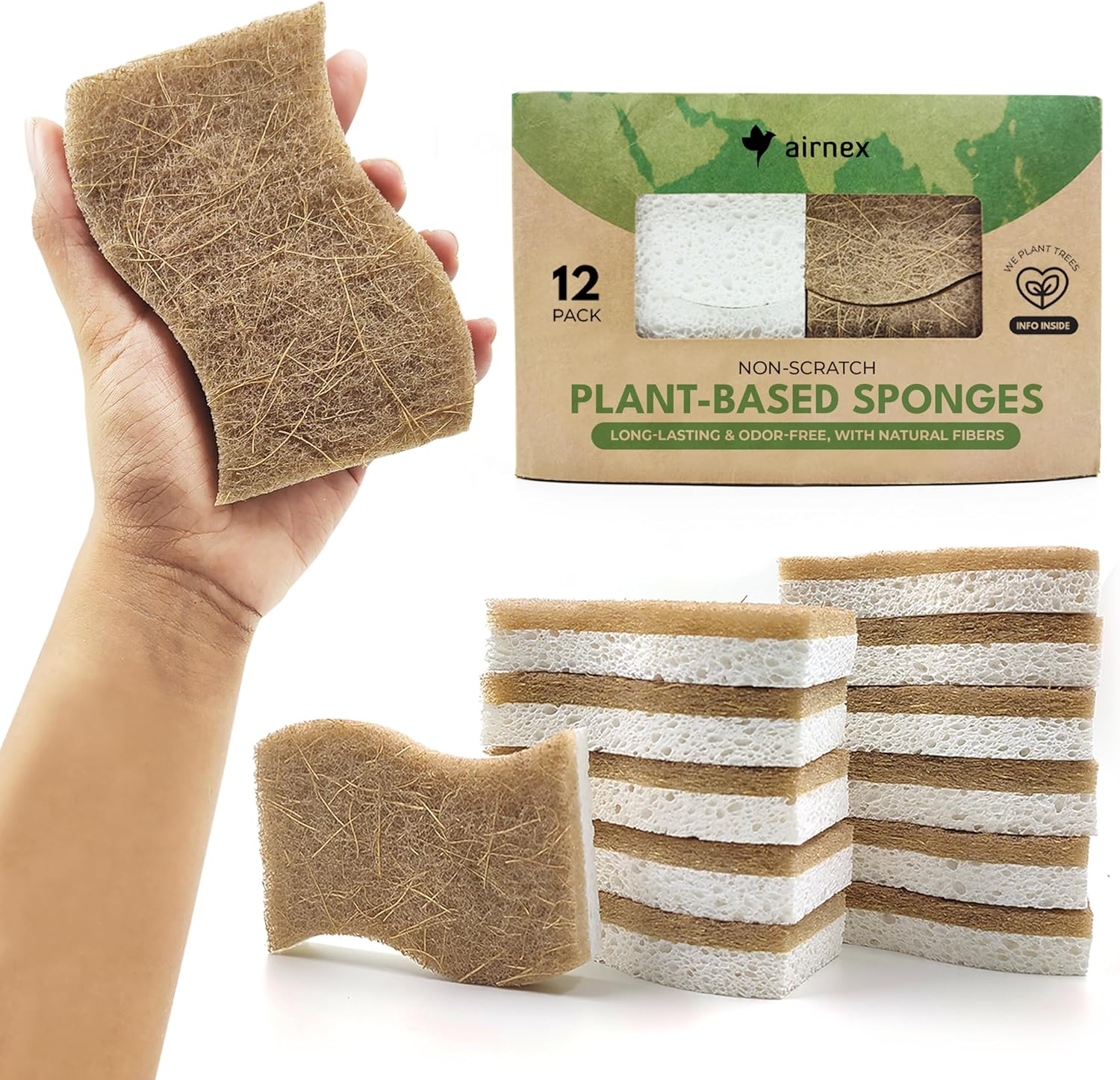 Natural cellulose sponges next to a kitchen sink with plants in the background