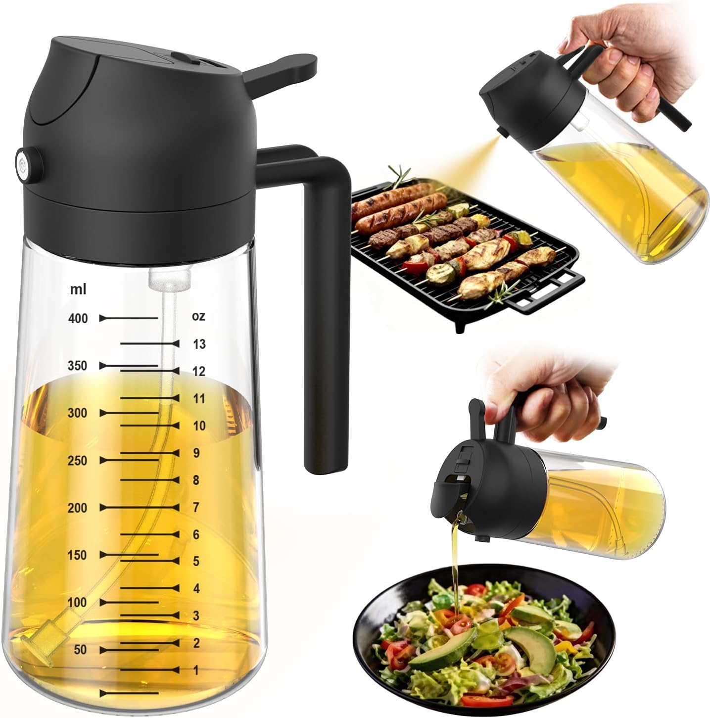 Glass olive oil sprayer bottle on kitchen counter next to salad