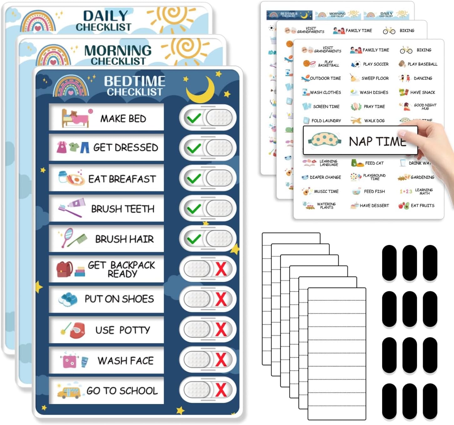 Colorful morning routine chart for kids hanging on a wall