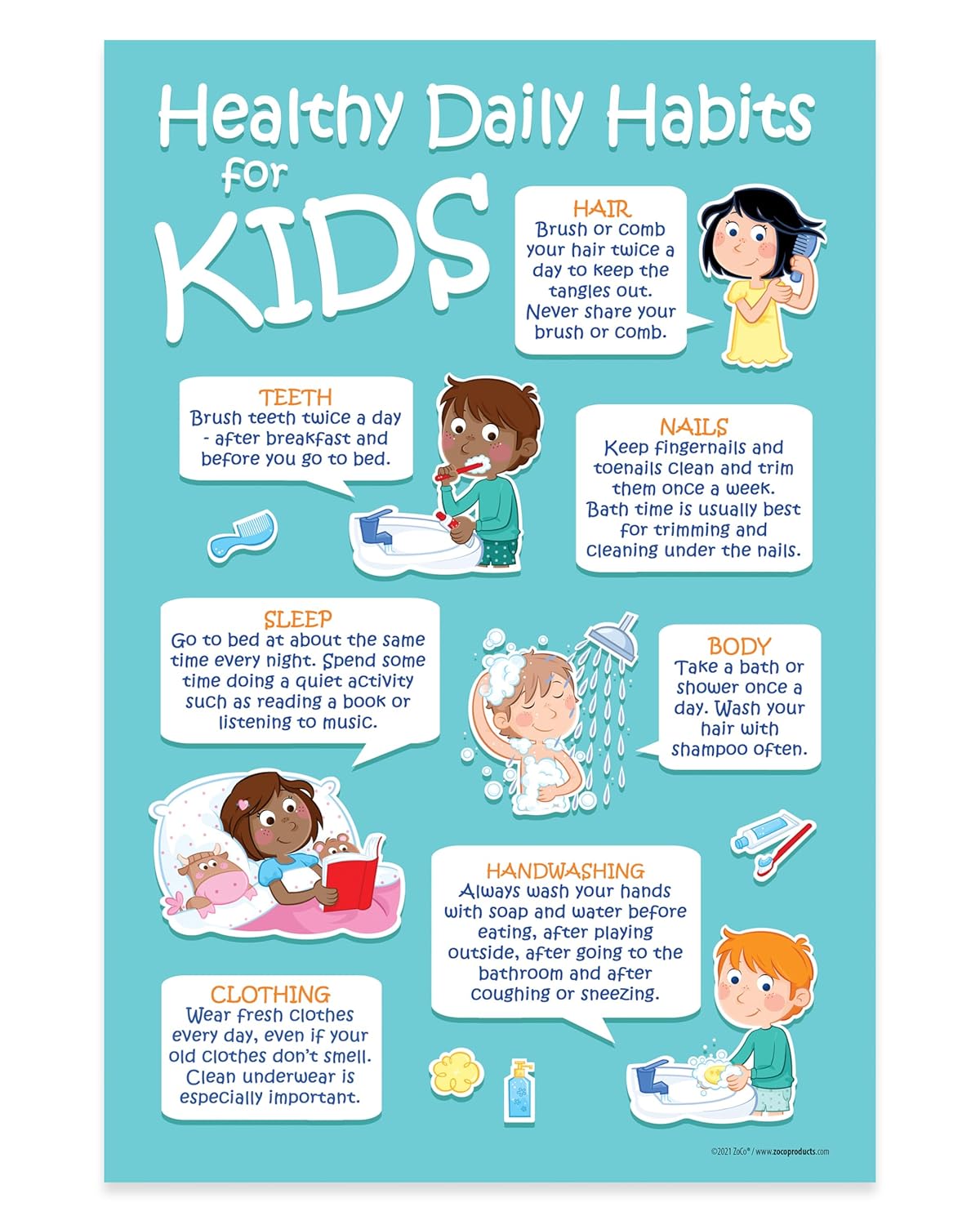 Kids self-care habit chart with illustrated hygiene tasks