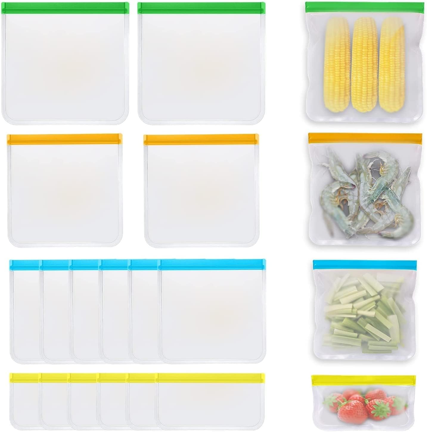 Colorful silicone reusable food storage bags with snacks inside