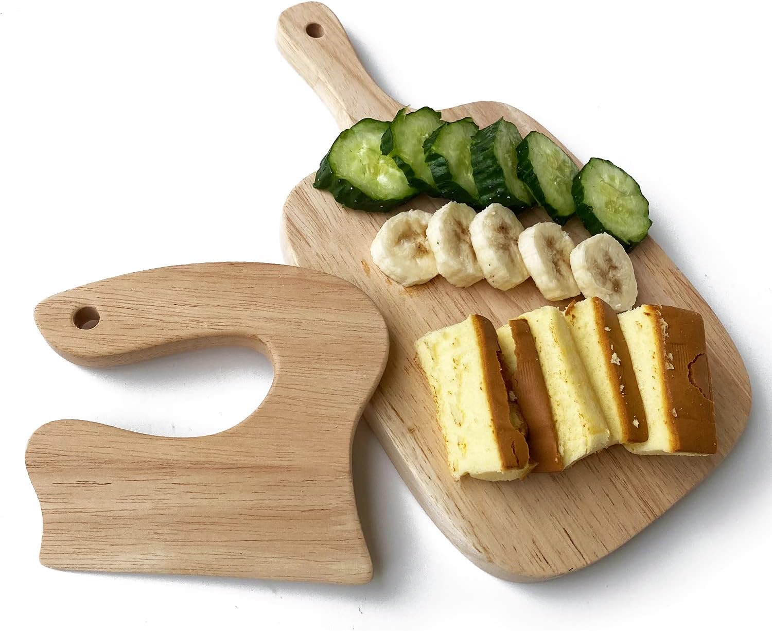 Set of wooden kitchen tools sized for children including whisk and rolling pin
