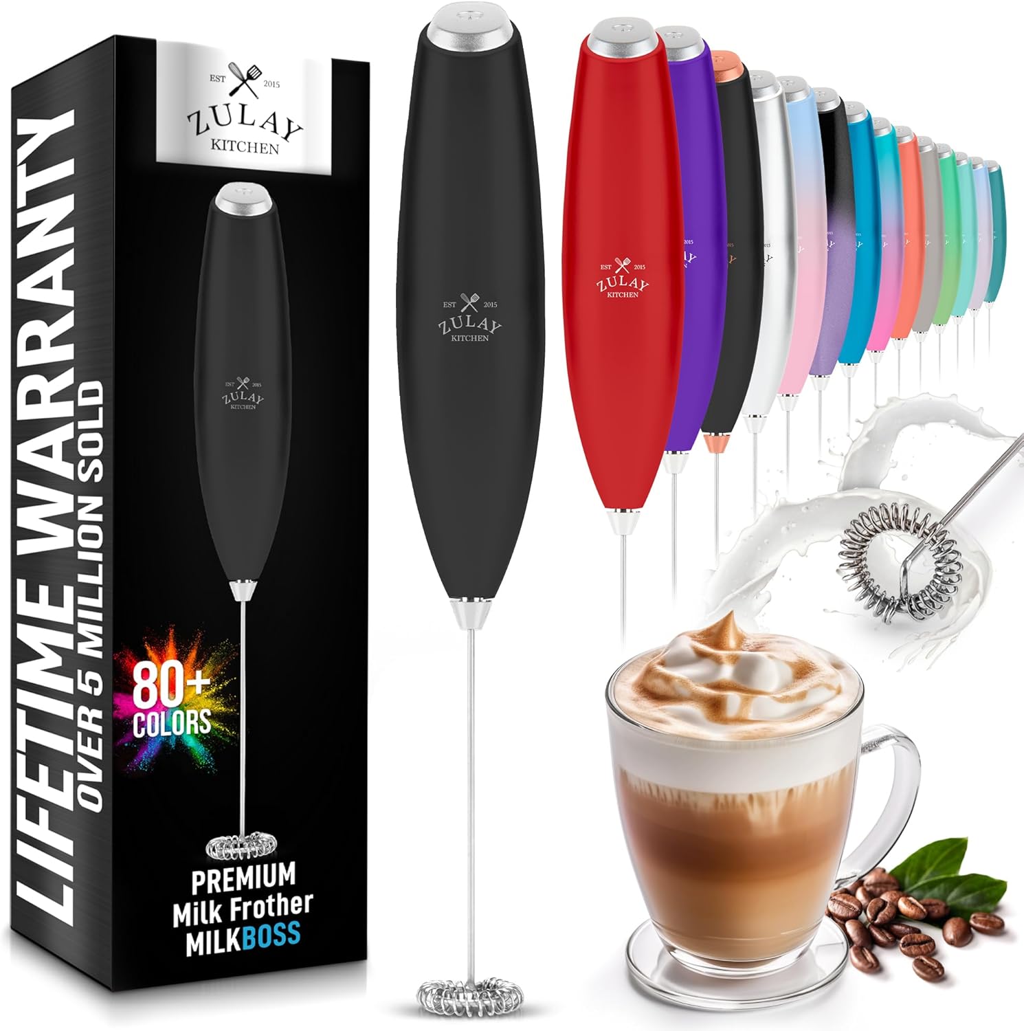 Zulay handheld milk frother making foam in a cup